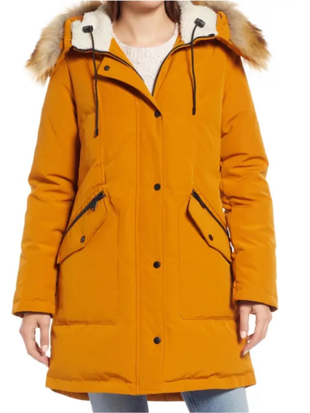 Sam Edelman Mustard Yellow Hooded Puffer Coat Jacket Faux Fur Trim Sz Large